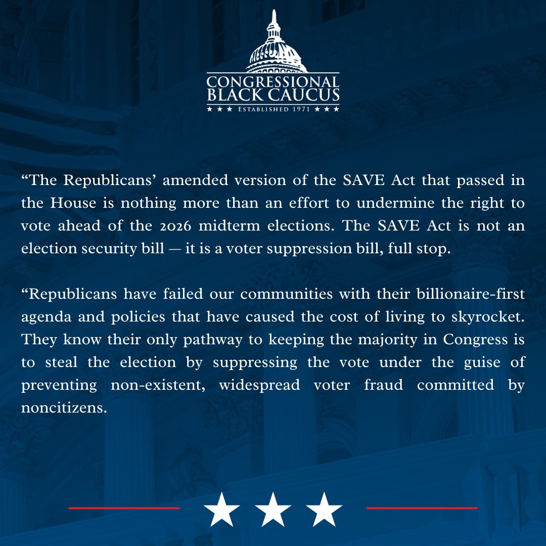TheBlackCaucus's tweet image. The SAVE Act is not an election security bill — it is a voter suppression bill, full stop. 

Our statement: