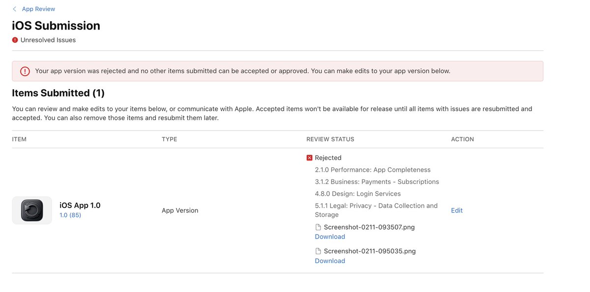First app store rejection. Good news, all seem like very solvable problems. Time to get to work.