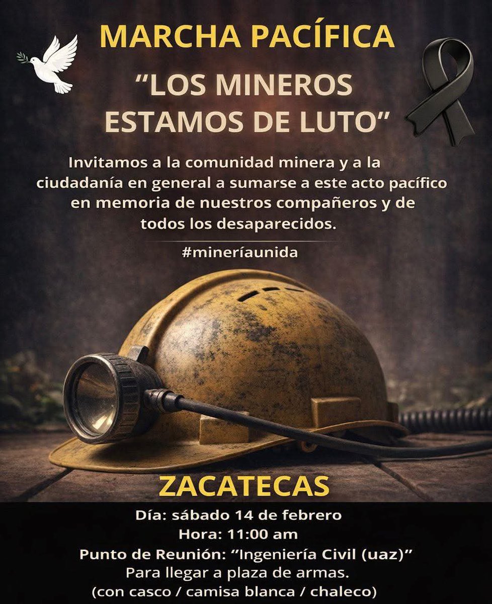 🚨La comunidad minera se moviliza en memoria de sus compañeros en Sinaloa y de todas las personas desaparecidas. 

Organizaciones del sector convocan a marchas pacíficas este sábado para exigir verdad, justicia y el regreso a casa de quienes faltan.

Las movilizaciones serán en