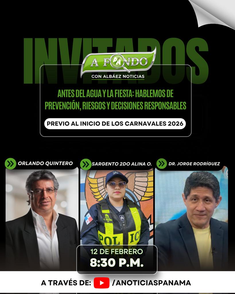 Este jueves en #AFondoAN conversamos sobre prevención, seguridad y decisiones responsables con la Sargento 2da Alina Ordoñez de <a href="/policiadepanama/">Policía Nacional</a>, el Dr. Jorge Rodríguez del <a href="/MINSAPma/">Ministerio de Salud de Panamá</a> y el Dr. Orlando Quintero de @Probidsida.

📅 12 Feb. | 🕣 8:30 p.m.
🔴 YouTube: /ANoticiasPanama
