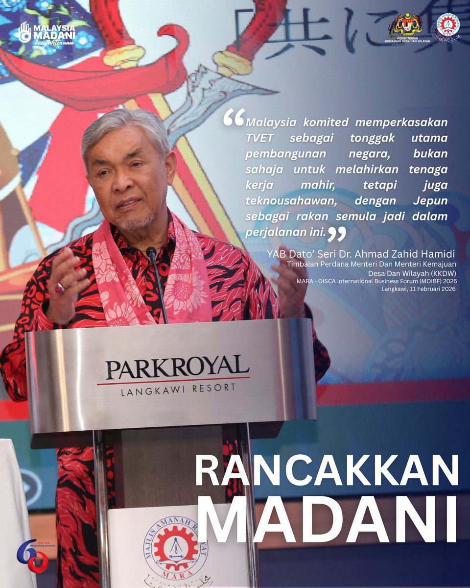 𝗟𝗘𝗡𝗦𝗔 | 𝗠𝗢𝗜𝗕𝗙 𝟮𝟬𝟮𝟲

Timbalan Perdana Menteri dan Menteri Kemajuan Desa Dan Wilayah (KKDW), YAB Dato’ Seri Dr. Ahmad Zahid Hamidi ketika menyampaikan ucapan di malam Gala Dinner sempena MARA-OISCA International Business Forum (MOIBF) 2026 pada 11 Februari 2026 di