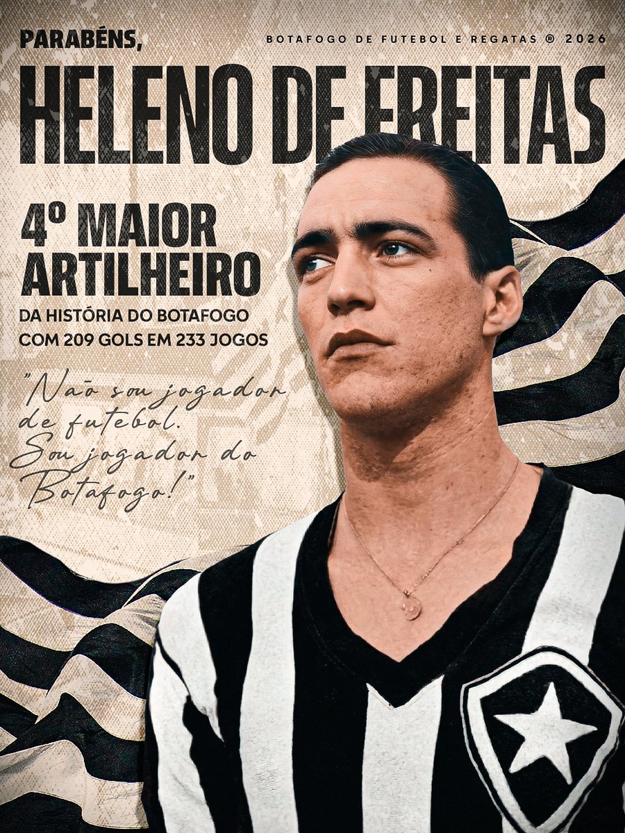 HELENO DE FREITAS 🖤🤍 

Quarto maior artilheiro da história do Glorioso, com 209 gols em 233 jogos, Craque do Fogão nasceu neste dia 12 há 106 anos! Marcado por sua personalidade avassaladora e dedicação no campo, o “Príncipe Maldito” se eternizou como um dos maiores nomes do