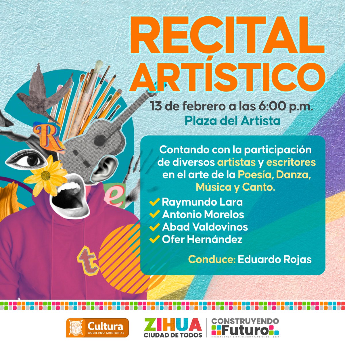 La cultura se vive y se comparte. 🎨✨

Te invitamos al Recital Artístico este 13 de febrero a las 6:30 p.m. en la Plaza del Artista, donde poetas, músicos, bailarines y escritores unirán su talento en una tarde llena de expresión y creatividad.