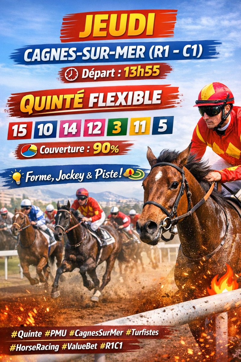 👇
📍 Jeudi – Cagnes-sur-Mer (R1-C1)
⏰ Départ : 13h55
🎯 Quinté Flexible
🔢 15 - 10 - 14 - 12 - 3 - 11 - 5 - 8
📊 Couverture estimée : 90% des tendances statistiques

#Quinte #PMU #CagnesSurMer #PronosticTurf #Turfistes #HorseRacing #ValueBet #AnalyseCourse #R1C1 #ParisSportifs