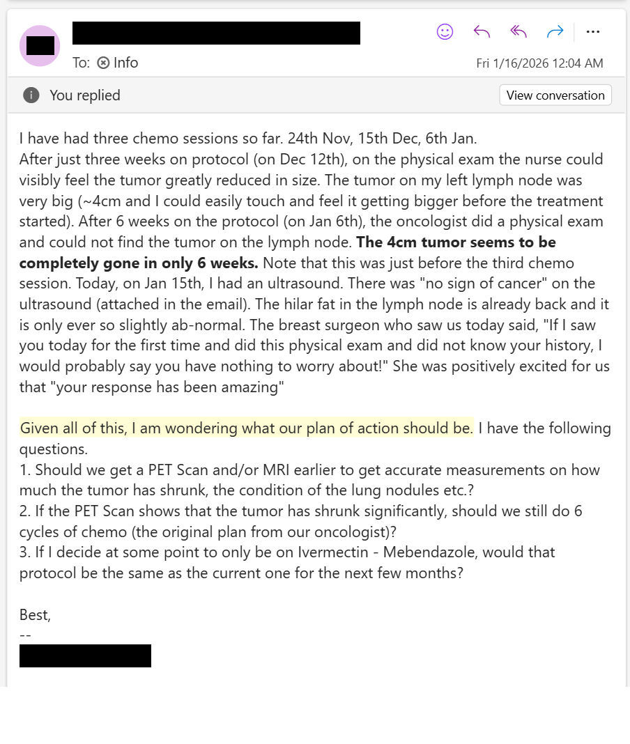 NEW ARTICLE: IVERMECTIN and MEBENDAZOLE Testimonial - 34 year old CALIFORNIA woman with Stage 3 Breast Cancer reports after 6 weeks: 4cm tumor shrinks to nothing!

🚨I shocked a California Breast Surgeon! 😃💪

But she was genuinely happy! 
Some surgeons are very nice people 👏