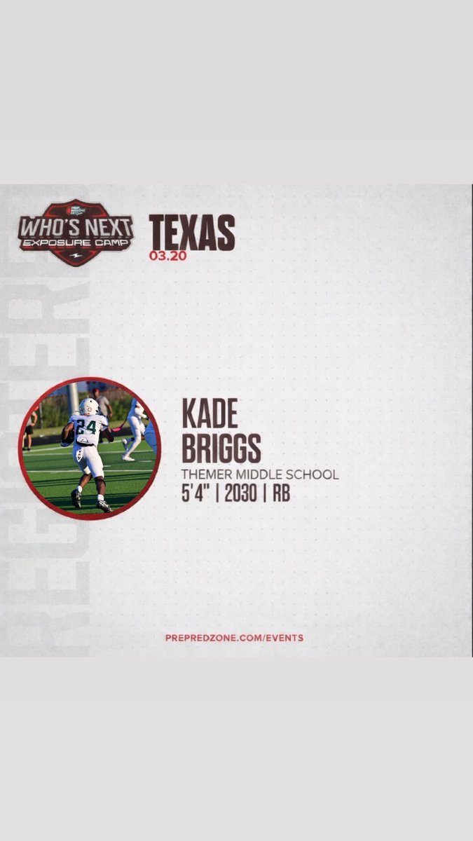 kadebriggs24's tweet photo. Honored to receive an invite to the Prep Redzone Next Middle School Canp. @PrepRedzone @PrepRedzoneTX @PrepRedzoneNext @AlPopsFootball https://t.co/yIMrhoqgwG