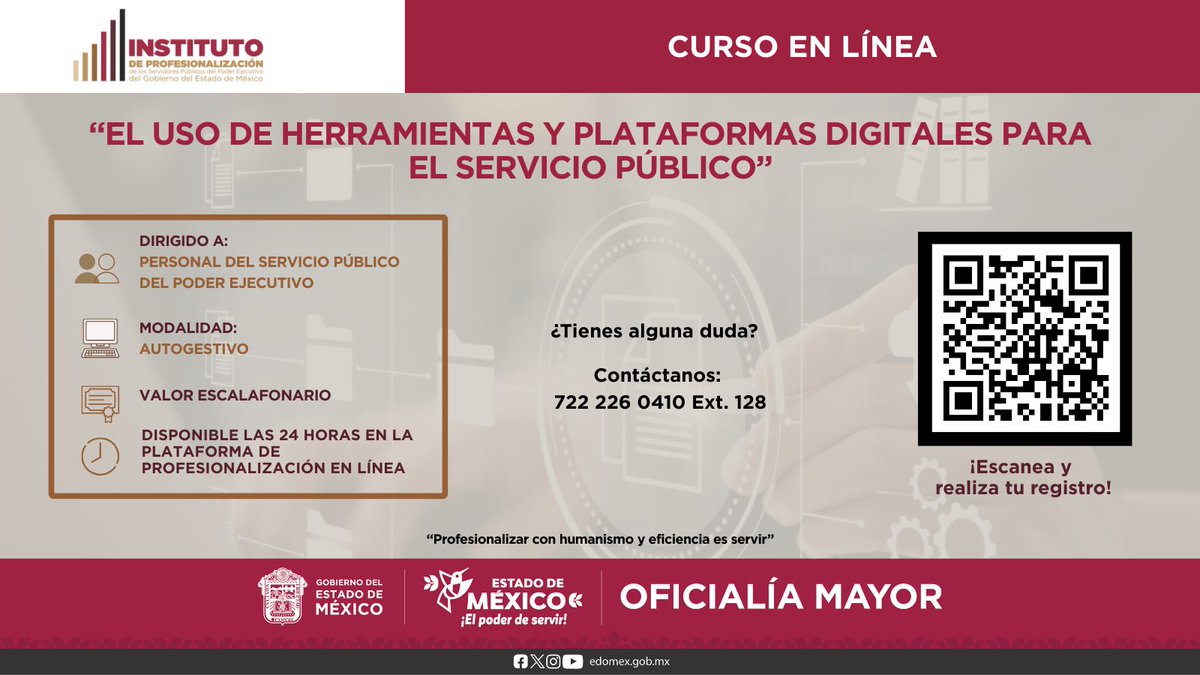 Servidor y servidora pública del Poder Ejecutivo, en este curso conocerás cómo el uso adecuado de la tecnología fortalece la transparencia, optimiza procesos y mejora la calidad de los servicios públicos.
Regístrate
👉🏻ipsp.com.mx/registro/ 
#ComunidadIPSP #OficialíaMayorEdoMéx