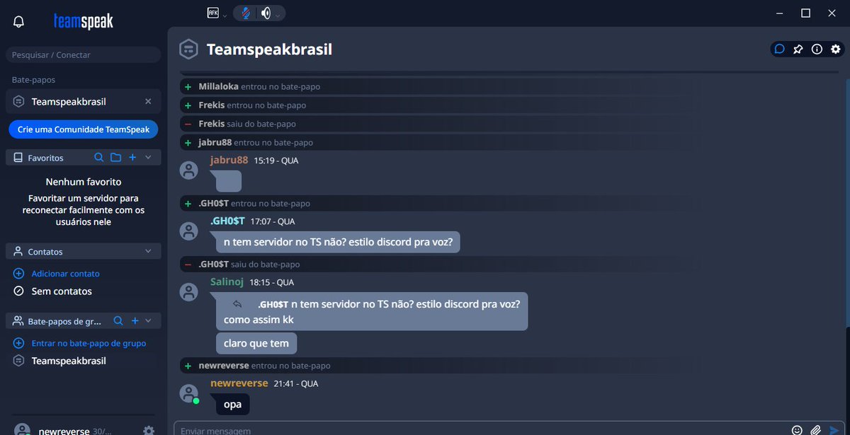 xnewreverse's tweet photo. TeamSpeak é tecnicamente sólido, mas essa interface...
Sim, é "bonita". O problema é a quantidade absurda de informação. Tantas seções poderiam ser uma só.
O Discord vence não por acaso: é mais limpo, mais intuitivo. Design importa. https://t.co/5daU6DXAiE