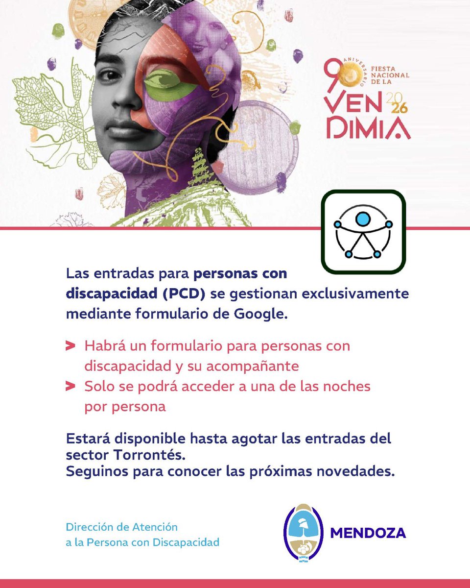 🎟️ Las entradas para la Fiesta Nacional de la Vendimia 2026 destinadas a personas con discapacidad (PCD) no se solicitan:

📞 por teléfono
📧 por correo electrónico
🏢 de manera presencial

ℹ️ La fecha, el horario y el enlace al formulario se informarán únicamente a través de las