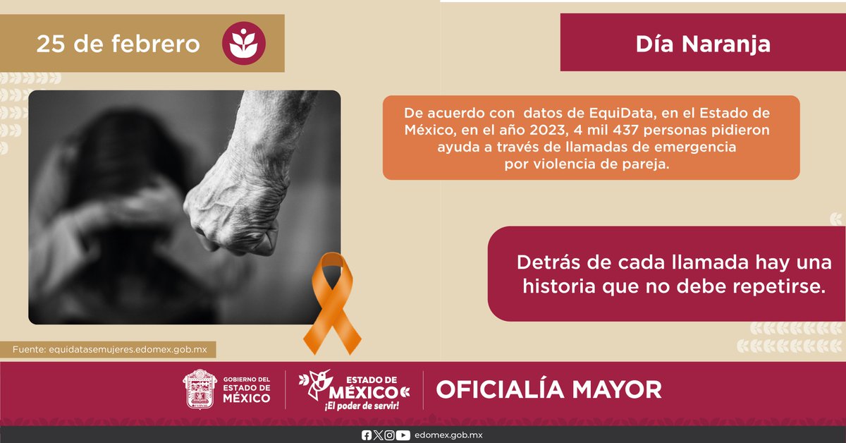 En el marco del #DíaNaranja 🧡, recordemos que la violencia no se justifica y no debe normalizarse.
<a href="/SeMujeresEdomex/">Secretaría de las Mujeres</a>  pone a tu disposición la Línea Sin Violencia ☎️ 800 108 40 53, las 24 horas, los 365 días de manera confidencial y gratuita. 
#ComunidadIPSP #OficialíaMayorEdoMéx