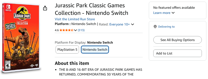 Jeu Jurassic Park Collection - Édition Limitée Nintendo Switch (Limited Run) - Comme Neuf
