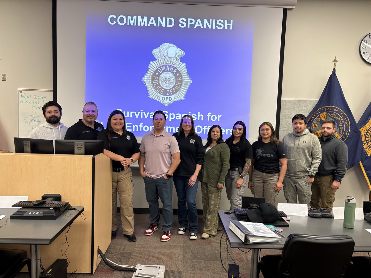 LLEONebraska's tweet photo. Several members of the NLPOA Omaha Chapter had the opportunity to assist the @OmahaPolice Academy in teaching Command Spanish. 
We’re proud to support the Academy and contribute to preparing the next generation of officers to better serve our diverse Omaha community. #nlpoaomaha https://t.co/vo0MY8wN85