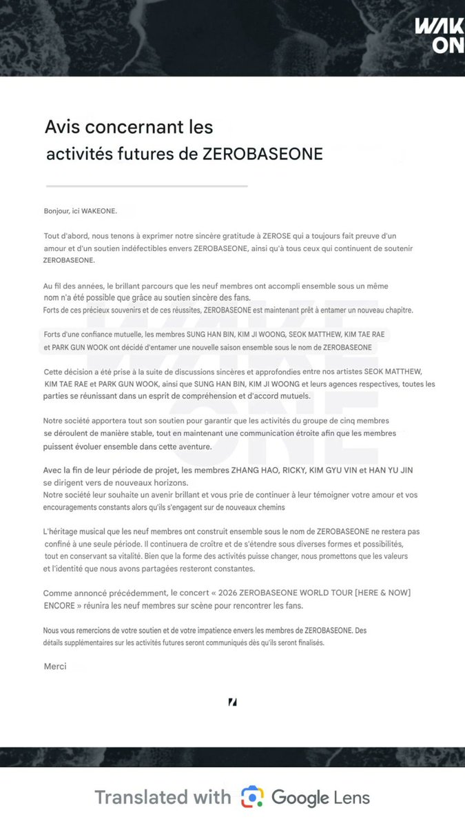 INFO┊📑

WAKEONE a annoncé cette nuit que ZEROBASEONE vont continuer à 5 avec #KIMJIWOONG, #SUNGHANBIN, #SEOKMATTHEW, #KIMTAERAE #PARKGUNWOOK.

#KIMGYUVIN, #HANYUJIN, #ZHANGHAO, #RICKY vont continuer leur chemin.

🦄┊#ZB1 #ZEROBASEONE #제로베이스원 <a href="/ZB1_official/">ZEROBASEONE</a>