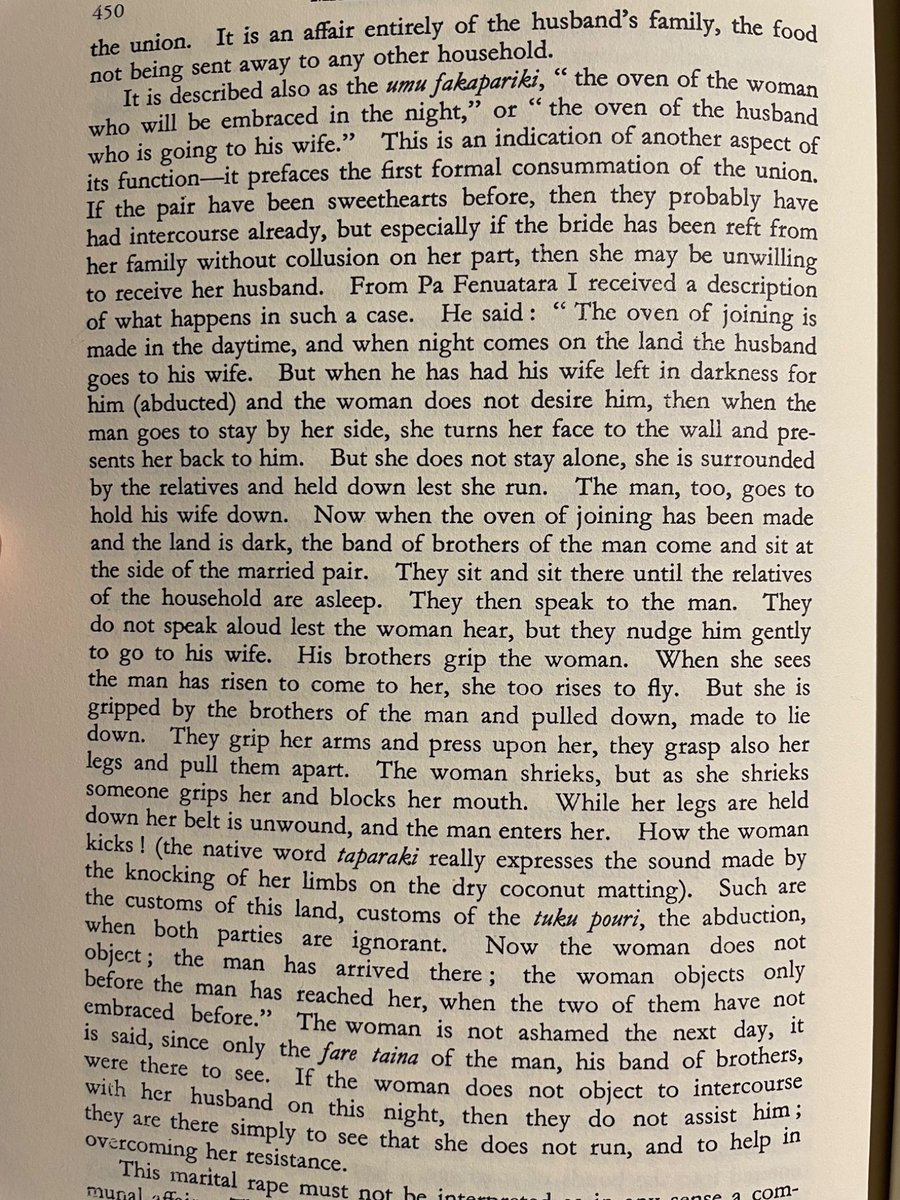 Forced consummation of marriages, a traditional practice on the Polynesian island of Tikopia (at least according to NZ anthropologist Raymond Firth, writing in 1936)