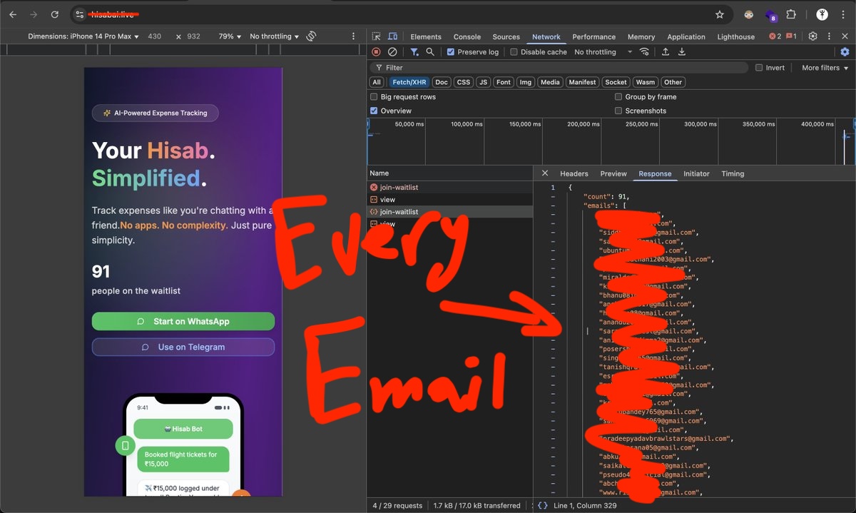 vibe code so hard, your entire waitlist is visible in frontend.