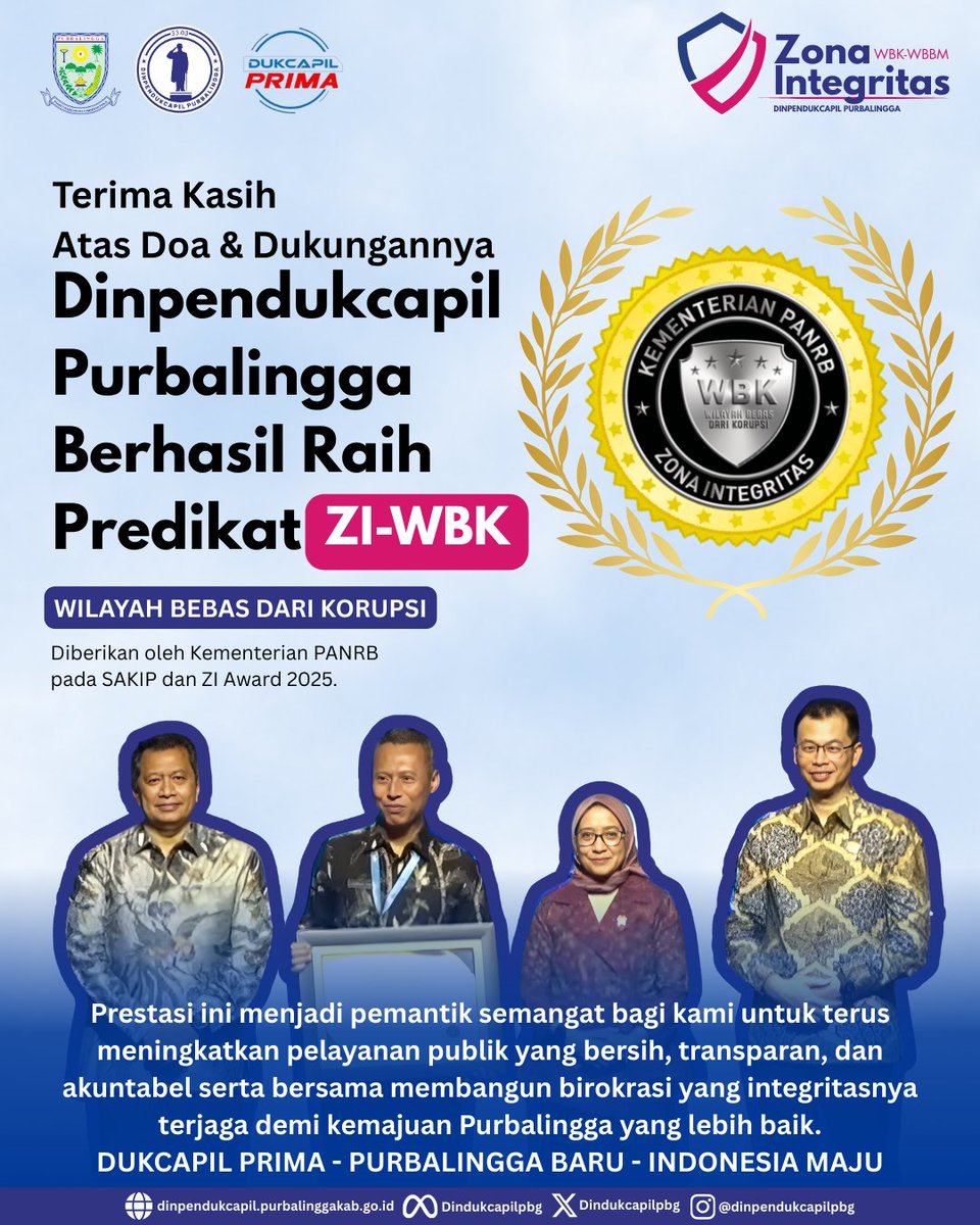 Prestasi ini menjadi pemantik semangat bagi kami untuk terus meningkatkan pelayanan publik yang bersih, transparan, dan akuntabel serta bersama membangun birokrasi yang integritasnya terjaga demi kemajuan Purbalingga yang lebih baik.

#Dukcapil #DukcapilPurbalingga #Purbalingga