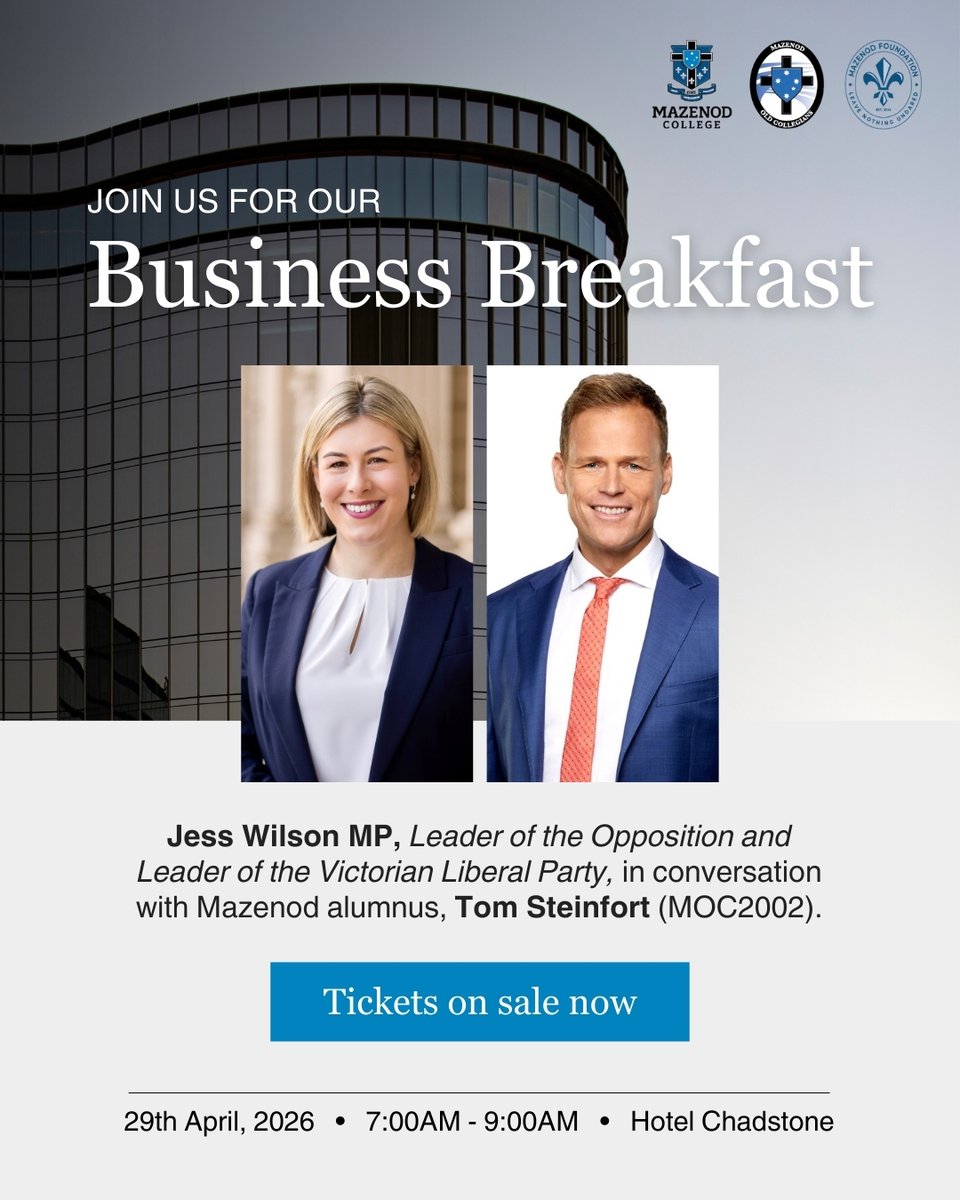 Join us for the Mazenod Business Breakfast.

We are pleased to welcome Jess Wilson MP, Leader of the Opposition and Leader of the Victorian Liberal Party, in conversation Tom Steinfort (MOC2002).

29 April , 7 – 9am  |  Hotel Chadstone

Tickets on sale:
events.humanitix.com/mazenod-founda…