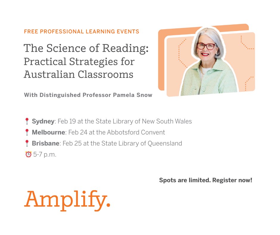 With the <a href="/Amplify/">Amplify</a> science of reading free PL events fast approaching, I wanted to share a final reminder for educators who may be interested in attending.
 
Across Sydney, Melbourne, and Brisbane, we’ll be coming together to explore how children learn to read, what the evidence
