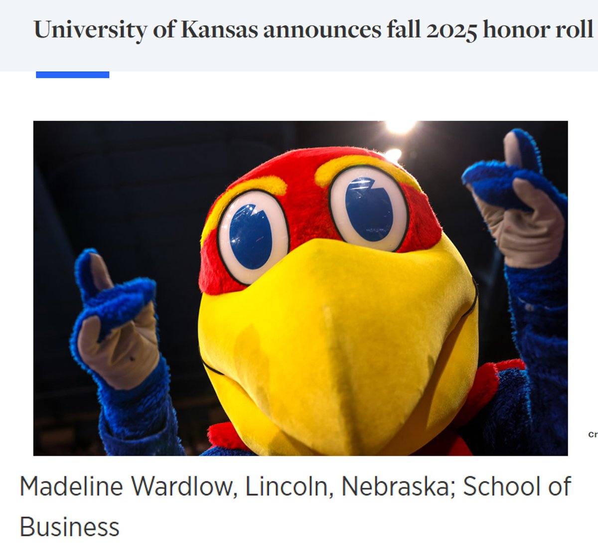 BrianDWardlow's tweet photo. Congrats to Madeline for being named to the KU honor roll for the 5th consecutive semester.  Proud of all your hard work in the classroom!!!  Rock Chalk Jayhawk!!! https://t.co/YdPAGCrDLx