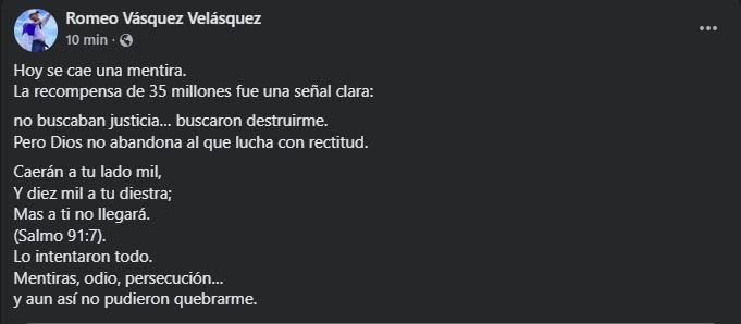El general Romeo Vásquez Velásquez es eliminado de la lista de los más buscados por la Policía Nacional de Honduras.