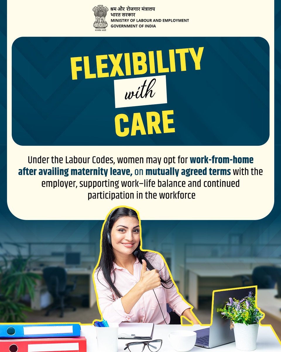 IFCI_LTD's tweet photo. Under the Labour Codes, women are empowered to continue their professional
journey through work-from-home options after maternity leave - based on mutual
agreement with employers.

#LabourReforms4NewIndia https://t.co/4iFJ1NPdtJ