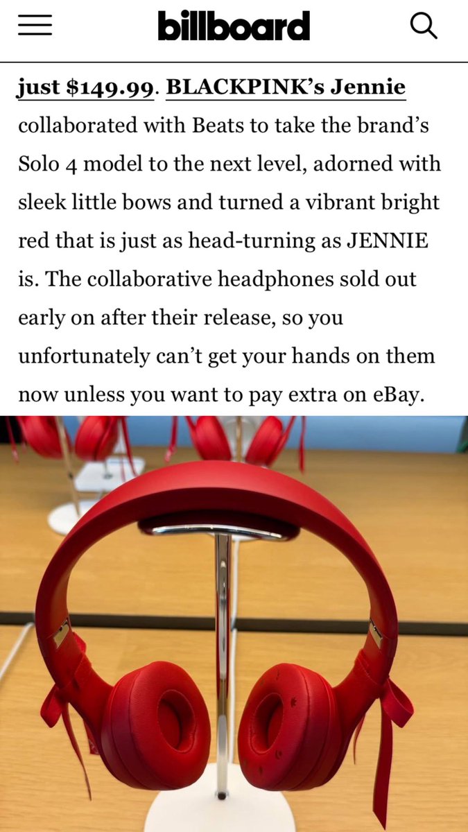 Billboard has named the Beats Solo 4 JENNIE Edition the Best Collaborative Celeb Headphones of 2026.

It also ranked the Best Headphone Brands of 2026 as:

1. Beats
2. Bose
3. Sony