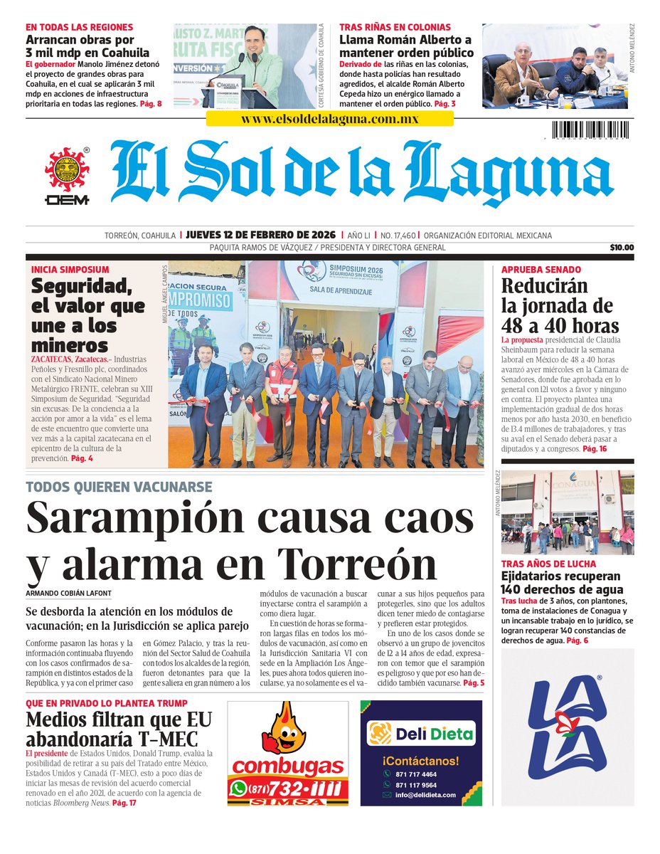 ¡Buen jueves! ☀️😊 Te dejamos la información para empezar el día

💉 Sarampión en La Laguna: saturación en módulos de vacunación y temor entre la población
➡️ acortar.link/QCmpjE

🏥 Secretaría de Salud: Coahuila está libre de casos de sarampión
➡️ acortar.link/XxESst