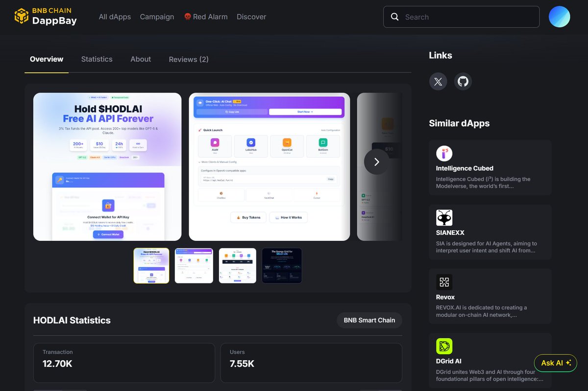 🎯 BNB Chain 官方 DappBay 正式收录 $HODLAI ！

这是 BNB Chain 官方对 HodlAI 战略价值的权威背书：

📊 官方认可意味着什么？

• ✅ 通过 BNB Chain 官方严格审核标准
• ✅ 被列入 "AI Infra" 核心赛道
• ✅ 获得 DappBay 全站曝光资源
• ✅ 生态项目/投资者的权威索引入口

•