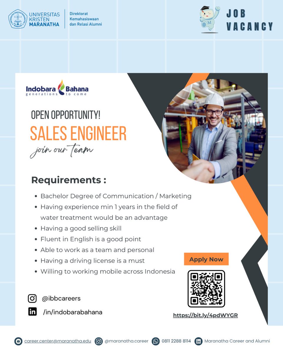 [JOB VACANCY - PT. Indobara Bahana]

Sales Engineer

Apply to scan

Untuk informasi lowongan kerja, follow sosial media kami
<a href="/maranatha/">Maranatha Volunteers International</a>.career
#bravoalumnimaranatha #alumnimaranatha #kitamaranatha #universitaskristenmaranatha #lowonganpekerjaan #lokerterbaru #jobvacancy #hiring