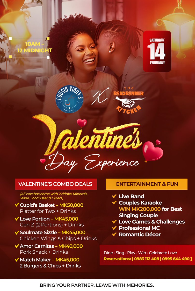 CousinVinnys2's tweet photo. Love is in the air ❤️

This 14th February, treat your special someone to the ultimate Valentine’s Day Experience at Cousin Vinny’s  in collaboration with The Roadrunner Kitchen.

- Delicious combo deals for couples
- Live band &amp; couples karaoke
- Stand a chance to WIN MK200,000 https://t.co/FLpPJ7eXDQ