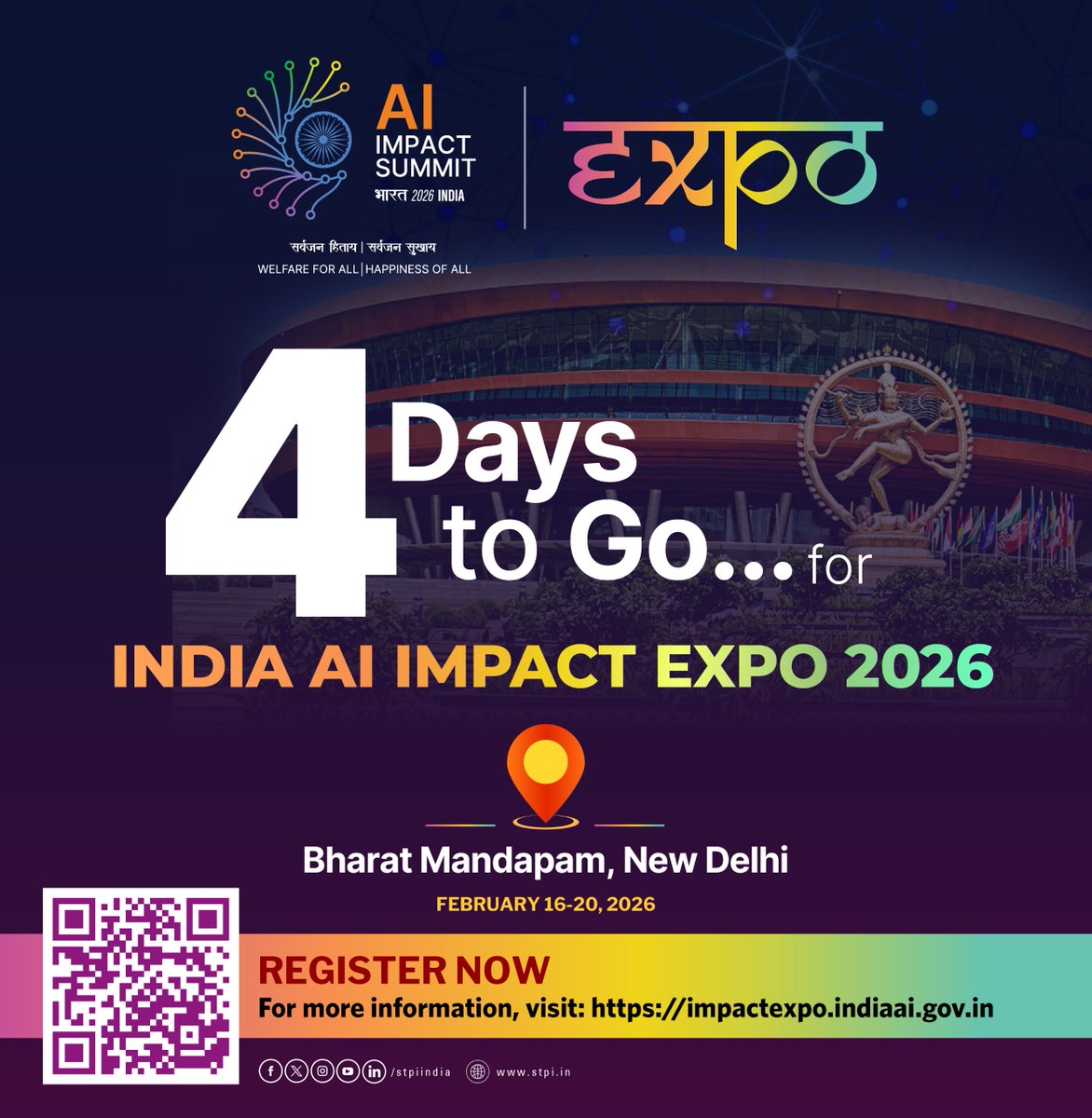 stpiindia's tweet photo. 4 days to go for the biggest AI gathering of the global South! 💫

We stand at the brink of a new era of generative AI and sustainable technologies. Here's your chance to be a part of conversations driving the future of the AI industry 🌏💡
Join the unmissable opportunity that is the India AI Impact Expo 2026! 

📅 When: 16-20th February, 2026
📍 Where: Bharat Mandapam, New Delhi

👉🏽 To know more, visit: https://t.co/LQWr4djW55 

#IndiaAIImpactSummit2026 #ResponsibleAI #AlforGood #AI #PeoplePlanetProgress #Innovation #GlobalCollaboration #EthicalInnovation #DigitalIndia #STPIINDIA #AIExpo #Delhi #IndiaAIImpactExpo2026 #Cloud #Tech #Technology 

@GoI_MeitY @AshwiniVaishnaw @JitinPrasada @SecretaryMEITY @arvindtw @_DigitalIndia @NeGD_GoI @startupindia @OfficialINDIAai @IndiaAiExpo @abhish1 @kavitabha @indiannavy @adgpi @UIDAI @TCS @Microsoft @RedHat @github @LEGO_Group @Deloitte @airtelindia @HP @ASUS @ASUSIndia @reliancejio @Meta @Wipro @Qualcomm  @Fortinet @BharatGen_Com @CoalIndiaHQ @neevcloud_IN @ANSYS @Cognizant @OpenAI