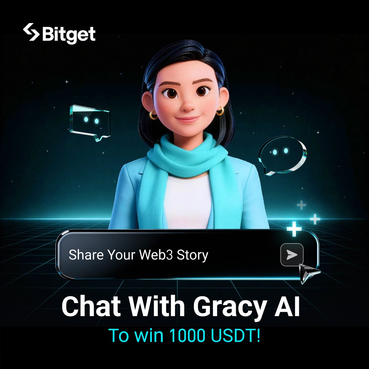 bitget's tweet image. Share your crypto and TradFi journey with Gracy AI, crypto’s first animated digital avatar.

Screenshot her reply and post it in the comments to split 1000 USDT!