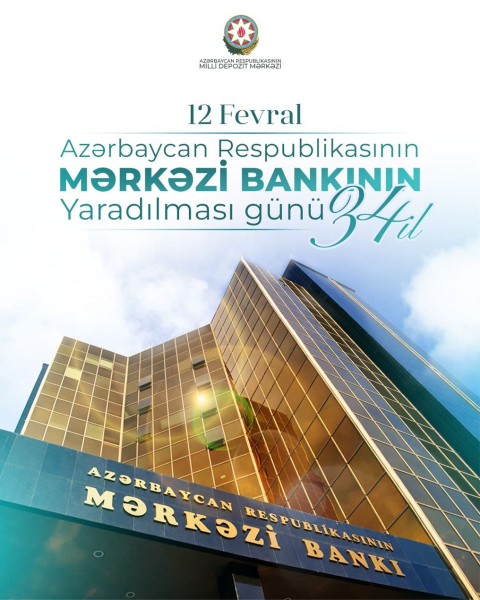 12 Fevral — Azərbaycan Respublikası Mərkəzi Bankının yaradılması günü münasibətilə ölkəmizin maliyyə sabitliyinin qorunması, bank sisteminin inkişafında mühüm rol oynayan Mərkəzi Bankın bütün əməkdaşlarını təbrik edirik! #mdm #mdmgovaz #merkezibank