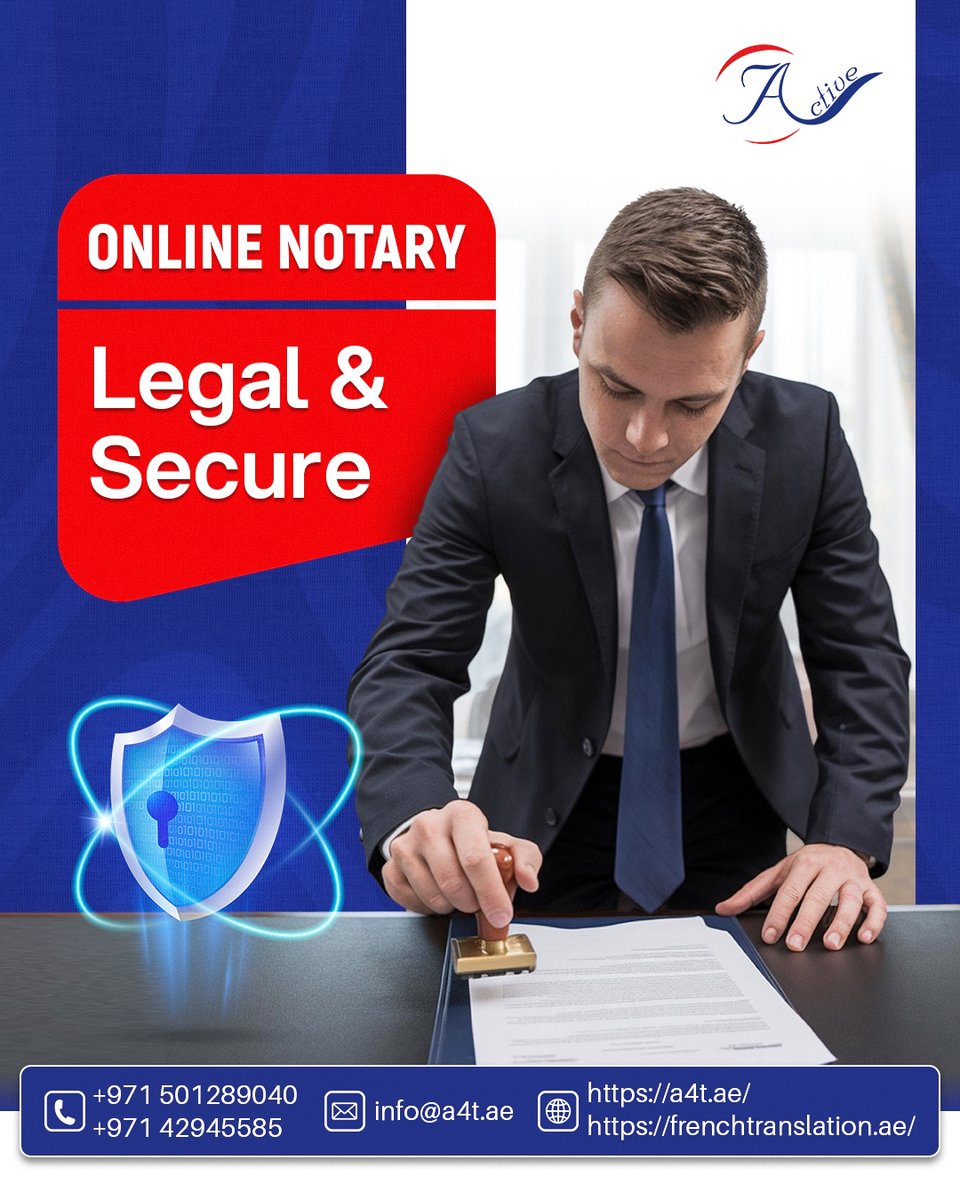A_ctive's tweet photo. Online notary services are legal, secure, and convenient.
Get documents notarized remotely with full compliance and confidentiality.

​📍​Dubai | Abu Dhabi
​✉️​transdxb@a4t.ae
​☎️​+971 50 128 9040

#OnlineNotary #RemoteNotary #DocumentNotarization #ActiveTranslation https://t.co/q9to2J7Nza