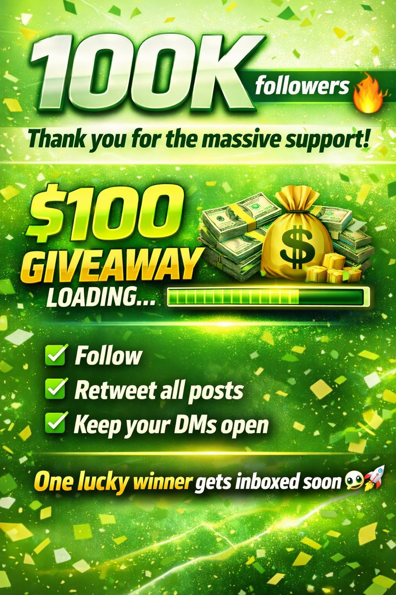 We just hit 100K followers 🤯🔥
Thank you for the massive support!

$100 giveaway loading… 💰

To qualify:
✔️ Follow
✔️ Retweet all posts
✔️ Keep your DMs open

lucky winners will get inboxed soon 👀🚀