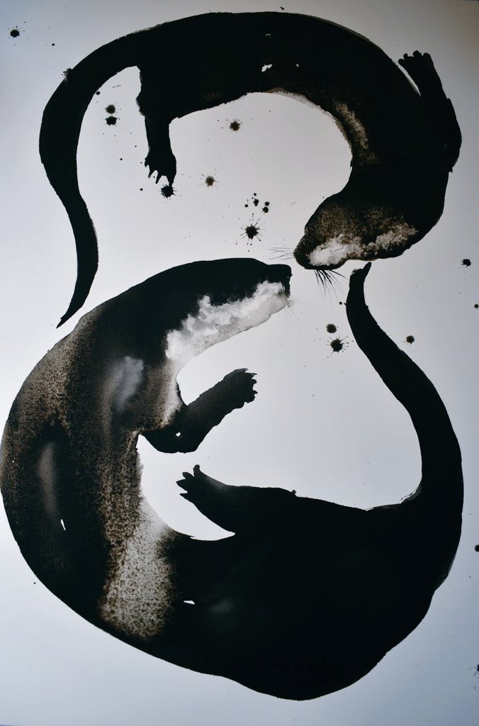 'Otters' in ink by Jackie Morris, artist, author and illustrator who lives and works in a small cottage by the sea in Wales #WomensArt