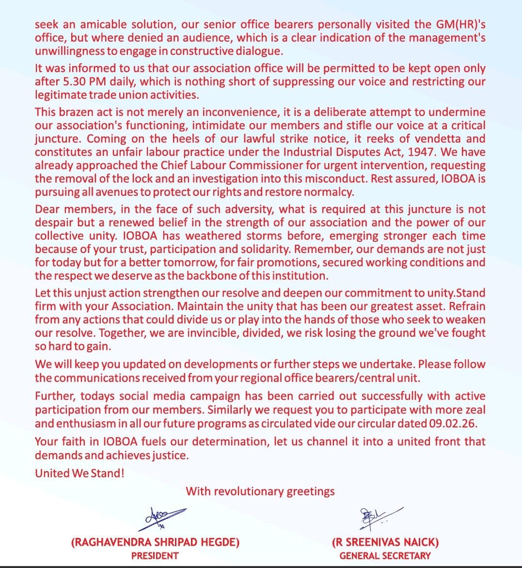 bankaffairs's tweet photo. Disturbing developments at IOB. If the IOBOA circular dated 11-Feb-2026 is true, management has physically locked the Union office in response to a legal strike notice. This is a direct violation of the Industrial Disputes Act and a blow to industrial harmony. 🧵👇

@IOBIndia @DFS_India @CLCMOLE @nsitharaman