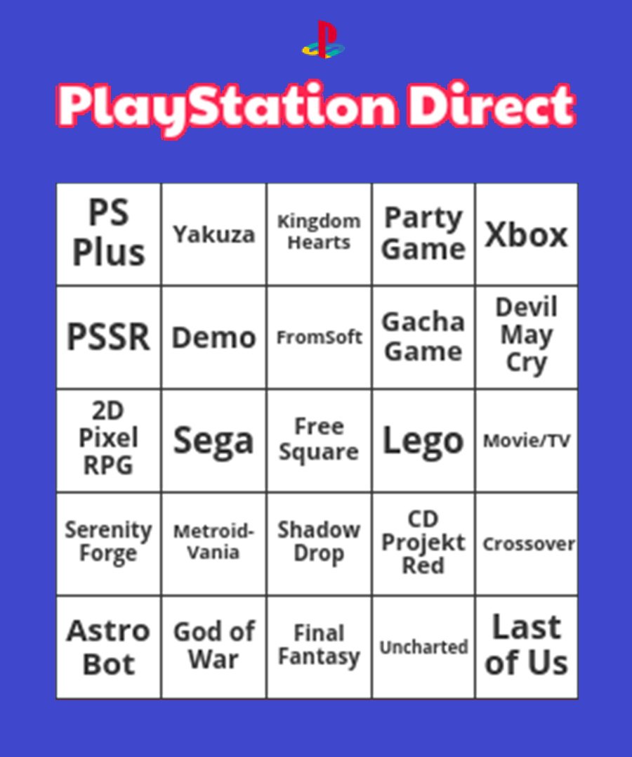 Bingo board for watching the PlayStation State of Play. Cross each square off when it comes up in some way. Get five in a row to win!

Thanks to <a href="/OldHunterJosef/">Joseph</a> for contributing half of this board!