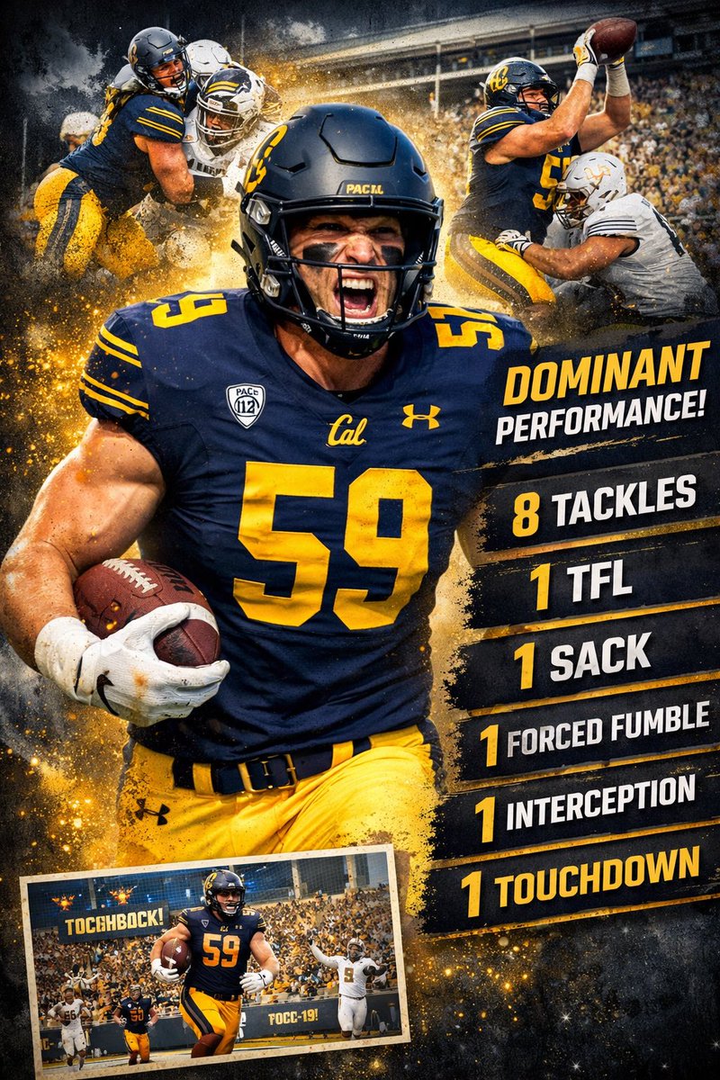 ASUSunDevils_RZ's tweet photo. Coach Prewitt saw something special in him at Rice and never forgot it. Recruited him, believed in him, and when Prewitt took the Cal job, #59 followed the vision. Now he’s wreaking havoc in Berkeley: 8 tackles, TFL, sack, FF, INT &amp; a TD. Loyalty. Development. Dominance. 🐻💙💛 https://t.co/18rjQnLBuE