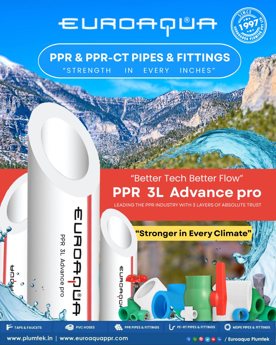 PlumtekMktg's tweet image. Stronger in every climate. ❄️☀️ The PPR 3L Advance Pro by Euro Aqua Plumtek features 3-layer technology for ultimate durability and better flow.

Leading the industry since 1997. 💦 #Plumtek 
#Innovation #EuroAqua #PPRPipes