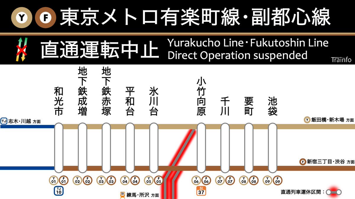 東京メトロ有楽町線・副都心線 練馬方面 直通運転中止】 地下鉄有楽町