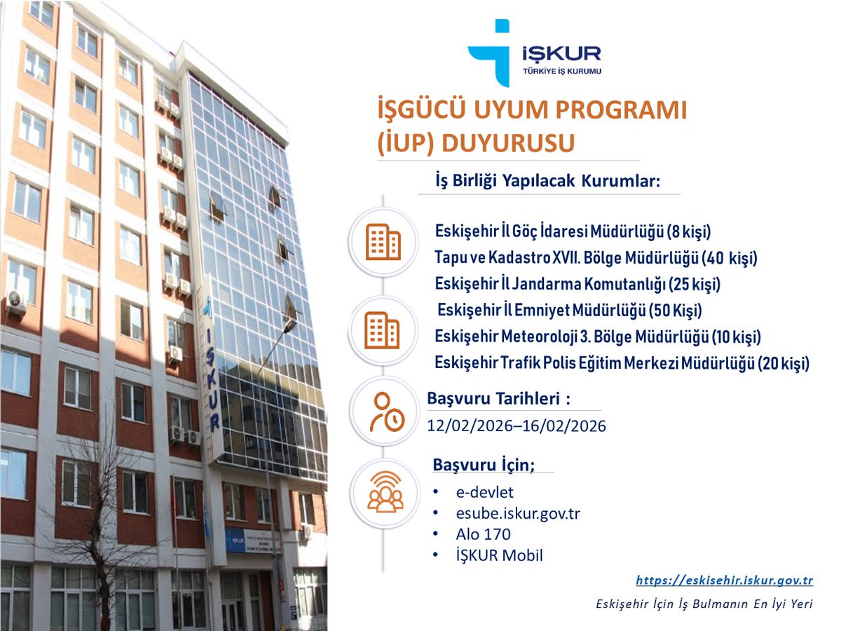 İl Müdürlüğümüz ile ilgili kurumlar iş birliğinde düzenlenecek İŞGÜCÜ UYUM PROGRAMI (İUP) kapsamında;    12/02/2026 - 16/02/2026 tarihleri arasında 153 kişilik başvuru alınacaktır
 Başvurular:
 E-devlet
 Esube.iskur.gov.tr
 ALO 170
 İŞKUR Mobil
 
 üzerinden yapılabilecektir