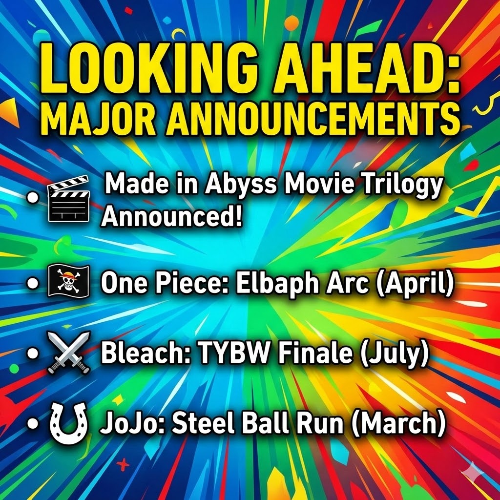 _voidsync's tweet photo. 🚨 ANIME NEWS FLASH! February 2026 is absolutely WILD! 🤯 Swipe ➡️ for the biggest stories you might have missed!

From Jujutsu Kaisen reaching PEAK hype to a legendary studio closing its doors and MAJOR announcements for your favorite series, this month has it all.

👉 Slide 2: The Culling Game arc is delivering the best episodes, and the manga is finally wrapping up. Are you ready for the end? 

👉 Slide 3: An emotional farewell to Studio Gainax, the legends behind Evangelion and Gurren Lagann. Thank you for everything! 🙏

 👉 Slide 4: The hype train has no brakes! Check out the massive announcements for Made in Abyss, One Piece, Bleach, and JoJo! 🎬🏴‍☠️⚔️🐎

👇 QUESTION OF THE DAY: Which upcoming anime from Slide 4 are you MOST excited for? Let us know in the comments! 🔥

#animenews #jujutsukaisen #jjk #cullinggame #studiogainax #neongenesisevangelion #gurrenlagann #madeinabyss #onepiece #bleach #jojo #steelballrun #animecommunity #otaku #newanime