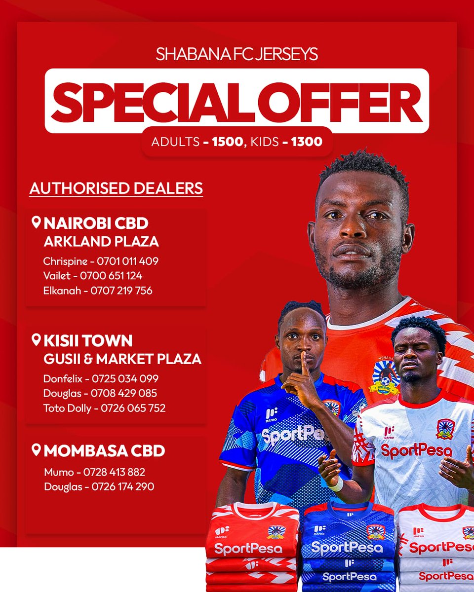 SPECIAL VALENTINE OFFER. 

We have got exciting news; Our popular Shabana FC jersey is now available at a special price drop:

- Was: KSh 1,800
- Now: KSh 1,500

That’s a savings of KSh 300! 

Let’s paint Wang’uru red and white! 🟥⬜

Offer valid untill next week.