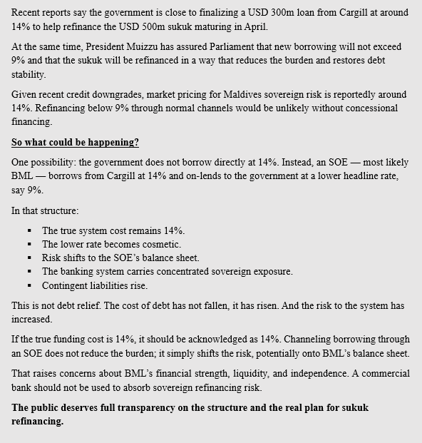 If the true cost of refinancing the sukuk is 14%, it should be acknowledged transparently. Channeling borrowing through an SOE does not reduce the burden; it shifts and obscures it, potentially weakening the financial system in the process. 
The public and investors deserve full