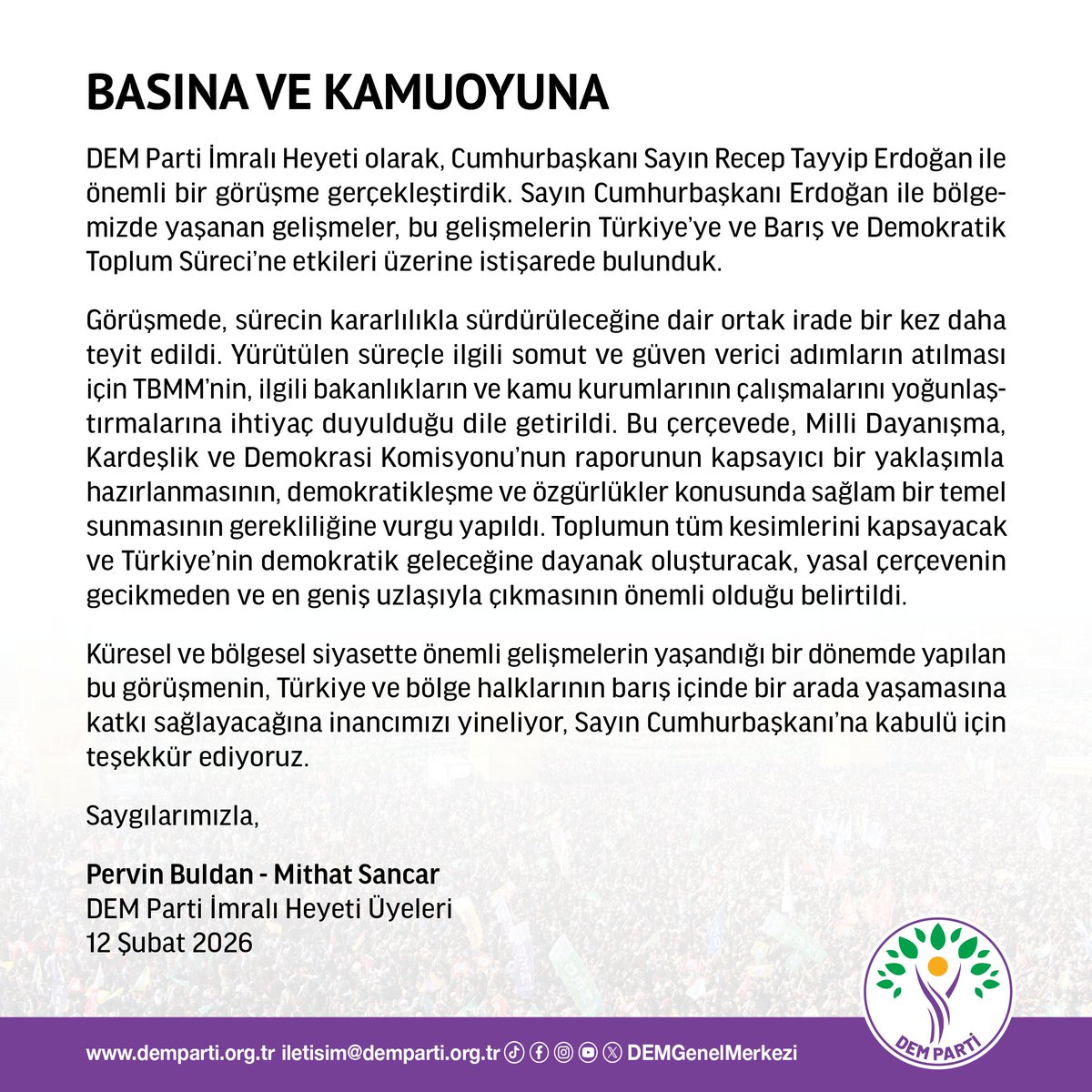 Basına ve Kamuoyuna,

DEM Parti İmralı Heyeti Üyeleri Pervin Buldan ve Mithat Sancar'ın açıklaması:

demparti.org.tr/tr/basina-ve-k…
