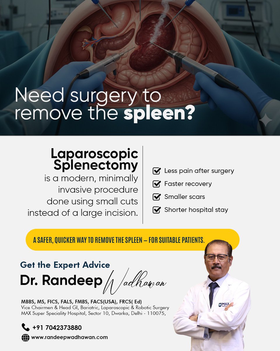 randeepwadhwan's tweet image. Need surgery to remove the spleen?
Laparoscopic Splenectomy offers smaller cuts, less pain &amp;amp; faster recovery — for suitable patients.

Safer. Quicker. Better healing.

📞 +91 7042373880
🌐 randeepwadhawan.com

#LaparoscopicSurgery #Splenectomy #MinimalInvasive #GISurgery