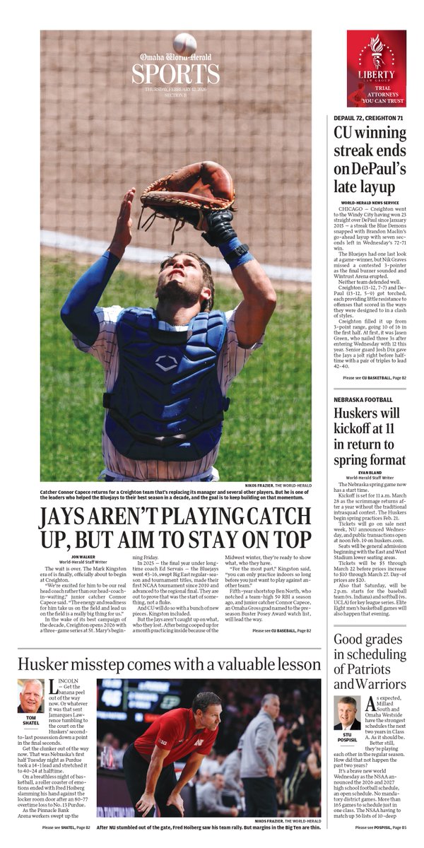 The sports cover of the Omaha World-Herald on Thursday, Feb. 12, 2026.

Read the E-edition and more here: Omaha.com/eedition?utm_m…