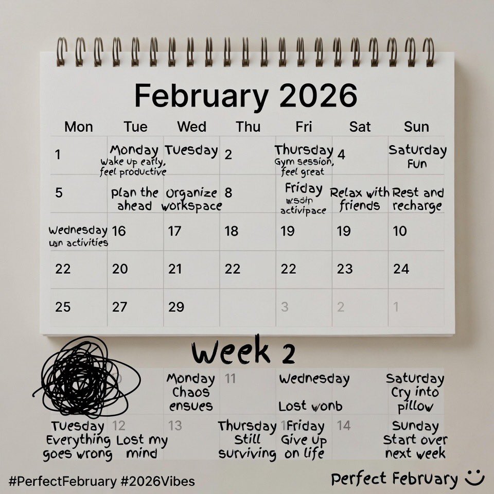 digitalaom's tweet image. February 2026 is the 'perfect month' – starts on Sunday, ends on Saturday. Who's using this as an excuse to finally get their life together? Me: plans 28 days of chaos anyway 😂 #PerfectFebruary #2026Vibes