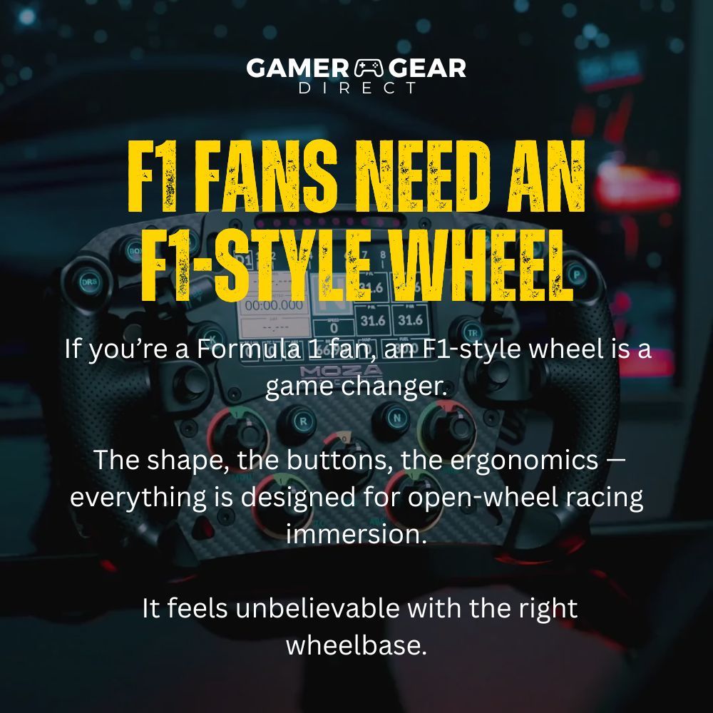 If you’re a Formula 1 fan, an F1-style wheel is a game changer.

The shape, the buttons, the ergonomics — everything is designed for open-wheel racing immersion.

It feels unbelievable with the right wheelbase.